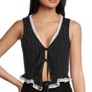 Black White Stripe Lace Tie Crop Top Sleeveless Maid Jack Skellington